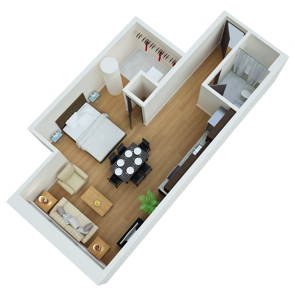 Floor plan for studio, 1 bath, 633 sqft